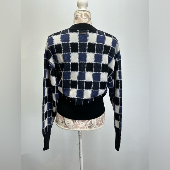 BOSS Blue and black check crew neck crop sweater size L - Picture 9 of 16